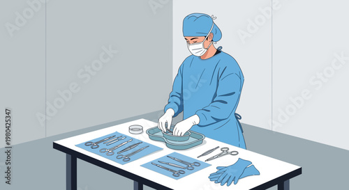 Surgeon preparing surgical instruments for operation, sterile medical equipment on table