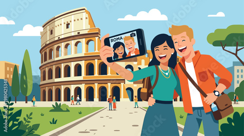 This engaging flat design illustration shows a traveling couple capturing a joyful selfie in front of an iconic monument, celebrating their travel memories. It highlights modern tourism