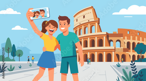 This engaging flat design illustration shows a traveling couple capturing a joyful selfie in front of an iconic monument, celebrating their travel memories. It highlights modern tourism