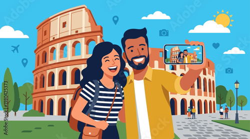 This engaging flat design illustration shows a traveling couple capturing a joyful selfie in front of an iconic monument, celebrating their travel memories. It highlights modern tourism