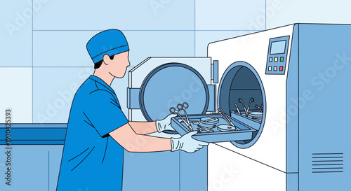 Surgeon Sterilizing Medical Instruments in Autoclave Machine