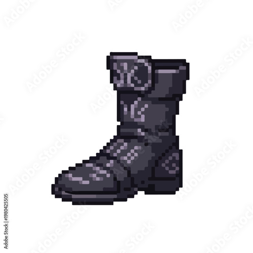 A detailed pixel art illustration of a dark purple military boot with intricate patterns and metallic accents, isolated on a white background.