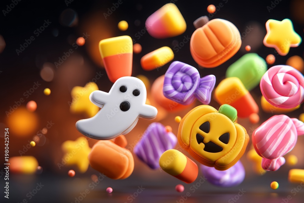 Obraz premium Floating Halloween Icons Featuring Pumpkin, Ghost, and Candy for Festive Celebrations