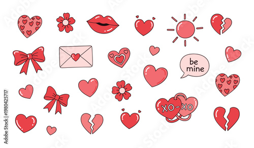 Collection of red heart flowers lips sun speech bubble ribbons