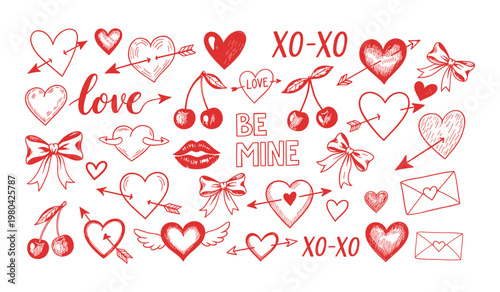 Collection of red valentine's day doodles with hearts cherries arrows and text