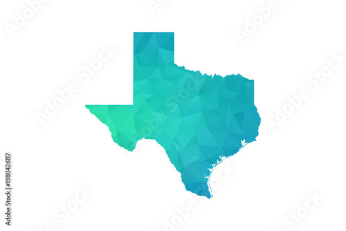 Texas Map - Polygon Style Vector Illustration in Green and Blue Gradient, Low Poly Geometric Design, Isolated on White Background, Perfect for Infographics and Learning Use.