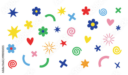 Colorful array of stars flowers hearts spirals and crosses on white background