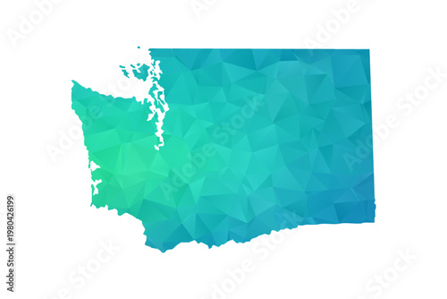 Washington Map - Polygon Style Vector Illustration in Green and Blue Gradient, Low Poly Geometric Design, Isolated on White Background, Perfect for Infographics and Learning Use.