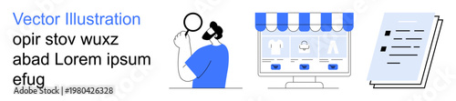 Online shopping, research, customer analysis, eCommerce, digital marketing, information management. Man examining data, online store interface and a document. Online shopping and research concept