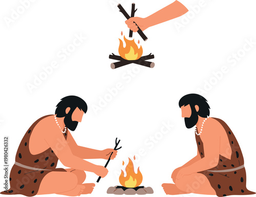 Cavemen Starting Fire with Sticks, Prehistoric Tool Use and Survival Skills, Vector Illustration