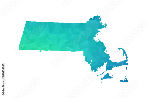 Massachusetts Map - Polygon Style Vector Illustration in Green and Blue Gradient, Low Poly Geometric Design, Isolated on White Background, Perfect for Infographics and Learning Use.