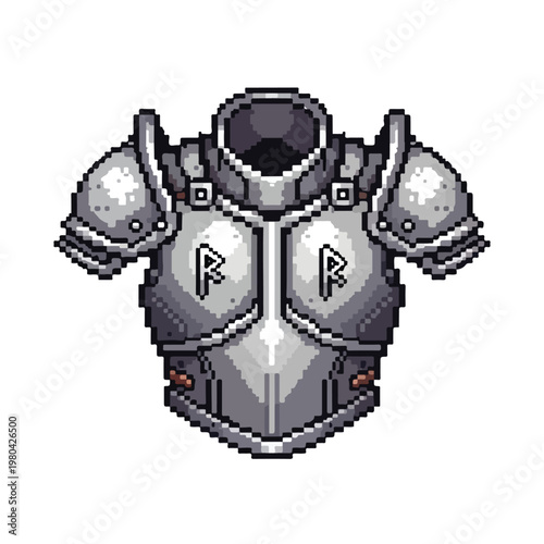 A detailed pixel art illustration of a steel breastplate with intricate runes and sturdy pauldrons, set against a clean white background.