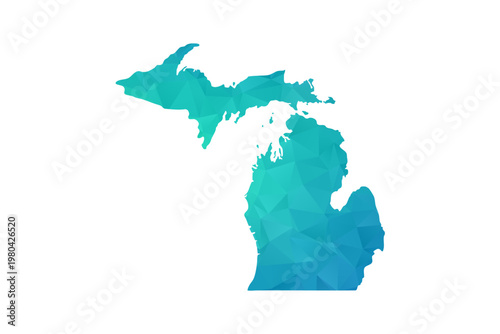 Michigan Map - Polygon Style Vector Illustration in Green and Blue Gradient, Low Poly Geometric Design, Isolated on White Background, Perfect for Infographics and Learning Use.