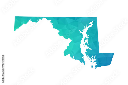 Maryland Map - Polygon Style Vector Illustration in Green and Blue Gradient, Low Poly Geometric Design, Isolated on White Background, Perfect for Infographics and Learning Use.