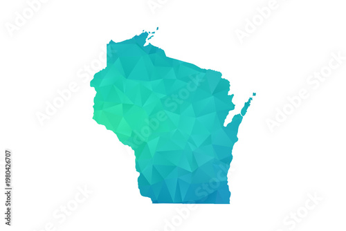 Wisconsin Map - Polygon Style Vector Illustration in Green and Blue Gradient, Low Poly Geometric Design, Isolated on White Background, Perfect for Infographics and Learning Use.