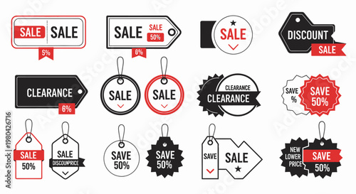 Set of various sale and discount price tags and labels for marketing and retail promotions.