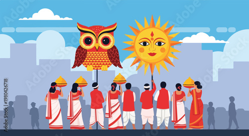 People in traditional attire participating in a cultural procession with large owl and sun cutouts, carrying offerings in a city setting.