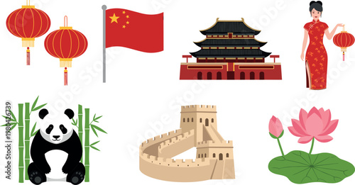 Chinese Culture Icons Set Featuring Lanterns, Panda, Great Wall, Flag, Temple, and Lotus for Traditional Designs