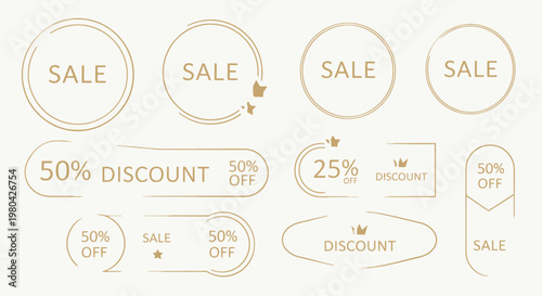 Collection of various circular sale and discount tags with different percentage offers.
