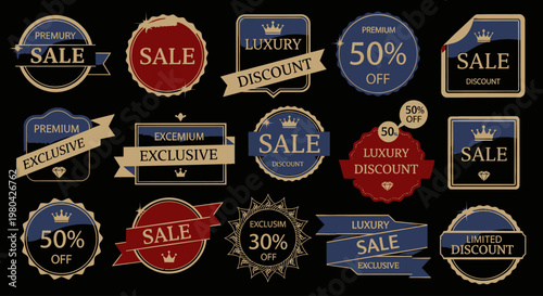Collection of luxury and exclusive sale discount badges and labels in various shapes and colors.