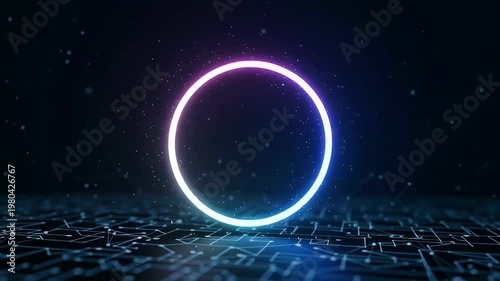 Glowing Neon Circle on Dark Grid Background.