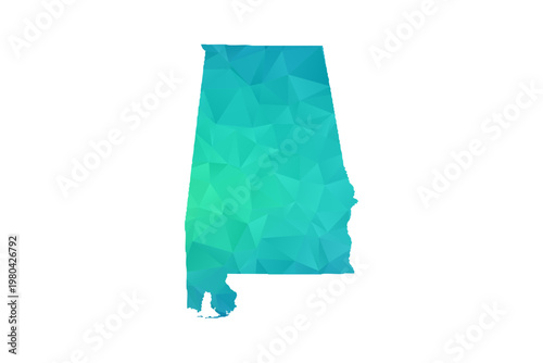 Alabama Map - Polygon Style Vector Illustration in Green and Blue Gradient, Low Poly Geometric Design, Isolated on White Background, Perfect for Infographics and Learning Use.