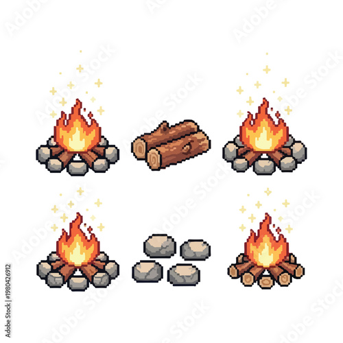 A set of pixel art campfire assets featuring various configurations of fires, logs, and stones, ideal for vintage-style video games.