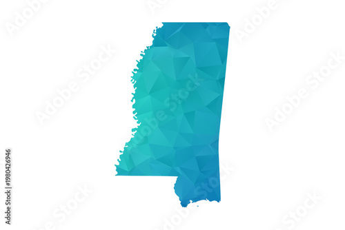 Mississippi Map - Polygon Style Vector Illustration in Green and Blue Gradient, Low Poly Geometric Design, Isolated on White Background, Perfect for Infographics and Learning Use.
