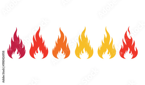 Row of six flames in different colors red orange and yellow fire
