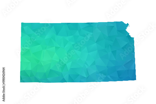 Kansas Map - Polygon Style Vector Illustration in Green and Blue Gradient, Low Poly Geometric Design, Isolated on White Background, Perfect for Infographics and Learning Use.