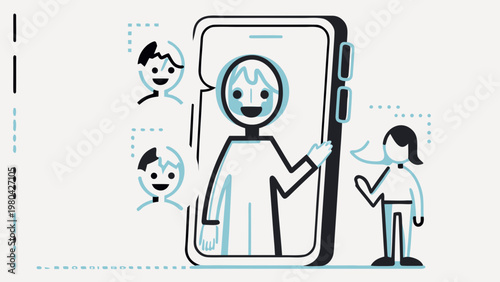 Flat vector illustration of ai assistant providing customer support on a smartphone screen with chat bubbles