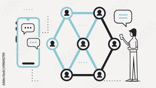 Flat vector illustration of ai assistant processing information connecting people through a network with a smartphone and user interaction