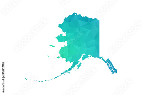 Alaska Map - Polygon Style Vector Illustration in Green and Blue Gradient, Low Poly Geometric Design, Isolated on White Background, Perfect for Infographics and Learning Use.
