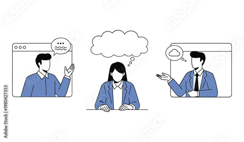 Three businessmen communicating through conferencing on computer screens communication