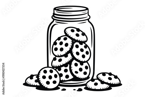 Black and white of chocolate chip cookies in a glass jar food