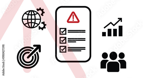 Business risk management and compliance checklist icon set for corporate audit tools, project management platforms, and organizational strategy design