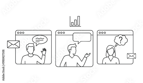 Three people communicating through call windows showing messages and queries communication chat