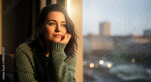 Woman looking out rainy city window.