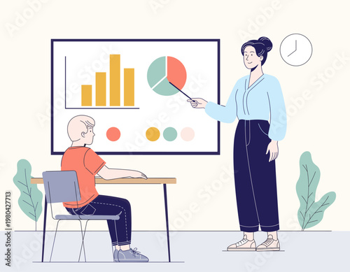 Flat Minimalist Illustration Set of Startup Pitch, Ocean Cleanup, Digital Healthcare, E-learning, Marketing Analytics, Airport Kiosk, Coffee Brewing, VR Gaming, Rocket Launch, and Home Plant Decoratio