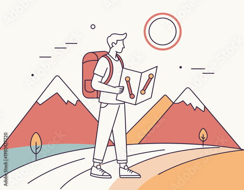 Flat Minimalist Illustration Set of Startup Pitch, Ocean Cleanup, Digital Healthcare, E-learning, Marketing Analytics, Airport Kiosk, Coffee Brewing, VR Gaming, Rocket Launch, and Home Plant Decoratio