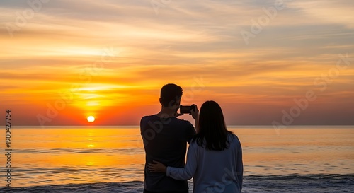 Couple watching sunset over ocean.