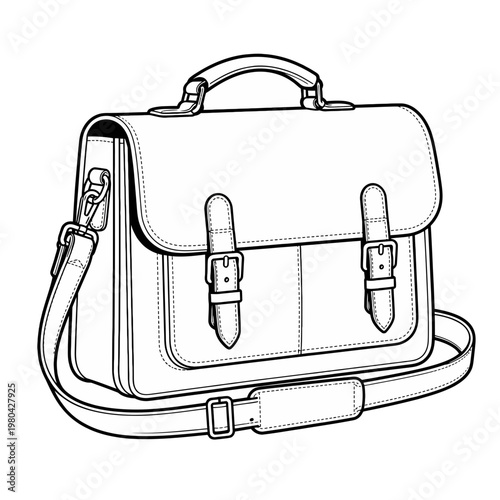 Illustration of a classic leather briefcase with buckle closures and a shoulder strap