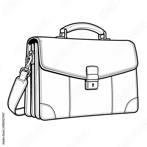 Detailed line art illustration of a classic business briefcase, featuring a secure latch, top handle, and adjustable shoulder strap for professional use
