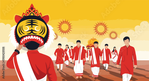 A vibrant cultural procession featuring people in traditional attire, with one person wearing a striking tiger mask, under a warm, sunny sky.