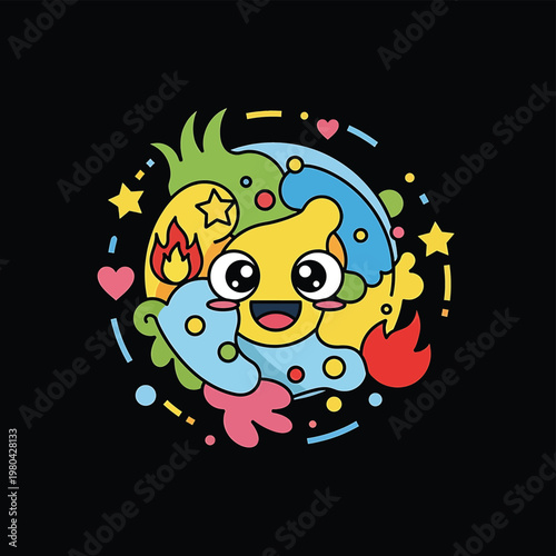 Smiling Cartoon Sun and Moon Face.