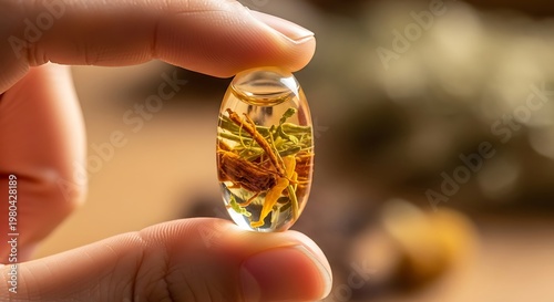 Hand holding small amber stone outdoors.