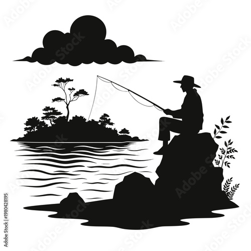Fishing, silhouette of man fishing, black vector icon, outdoor recreation, leisure activity