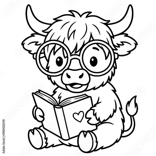 Cute baby cow reading book black and white coloring page, kawaii animal illustration, cartoon farm character for kids activity worksheet, printable coloring sheet, nursery design, line art doodle styl