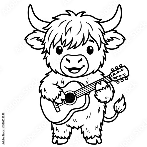 Cute baby cow playing guitar cartoon black and white coloring page, kawaii farm animal musician illustration, kids printable activity sheet, line art doodle style, adorable music character