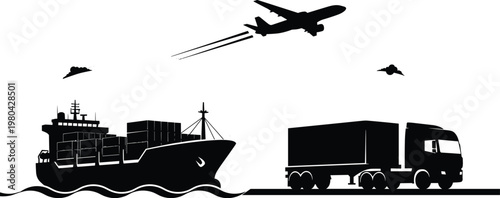 Transportation modes illustration a black and white depiction of air sea and land vehicles in motion